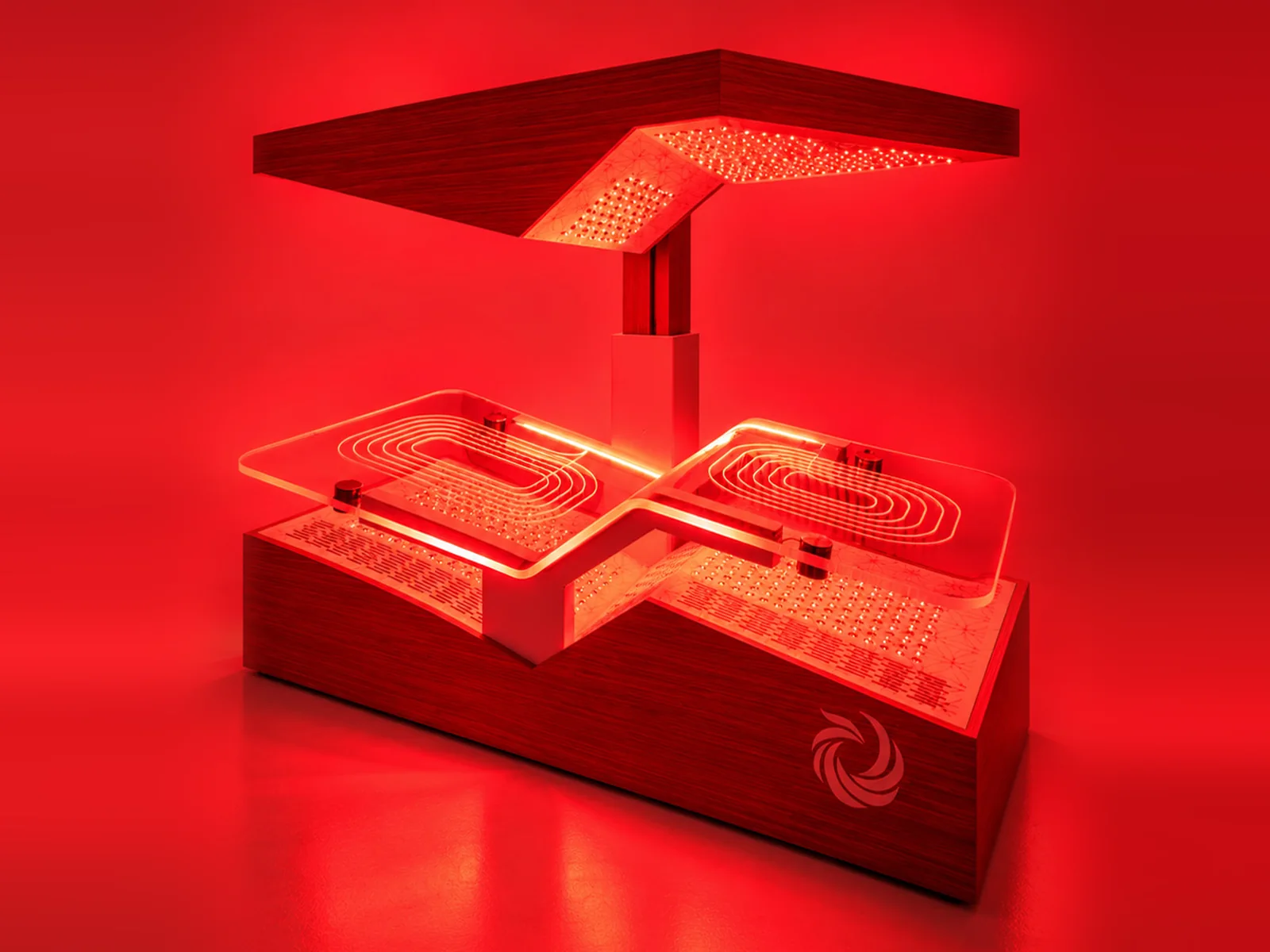 The Ammortal Chamber glowing red, with its light canopy and bed