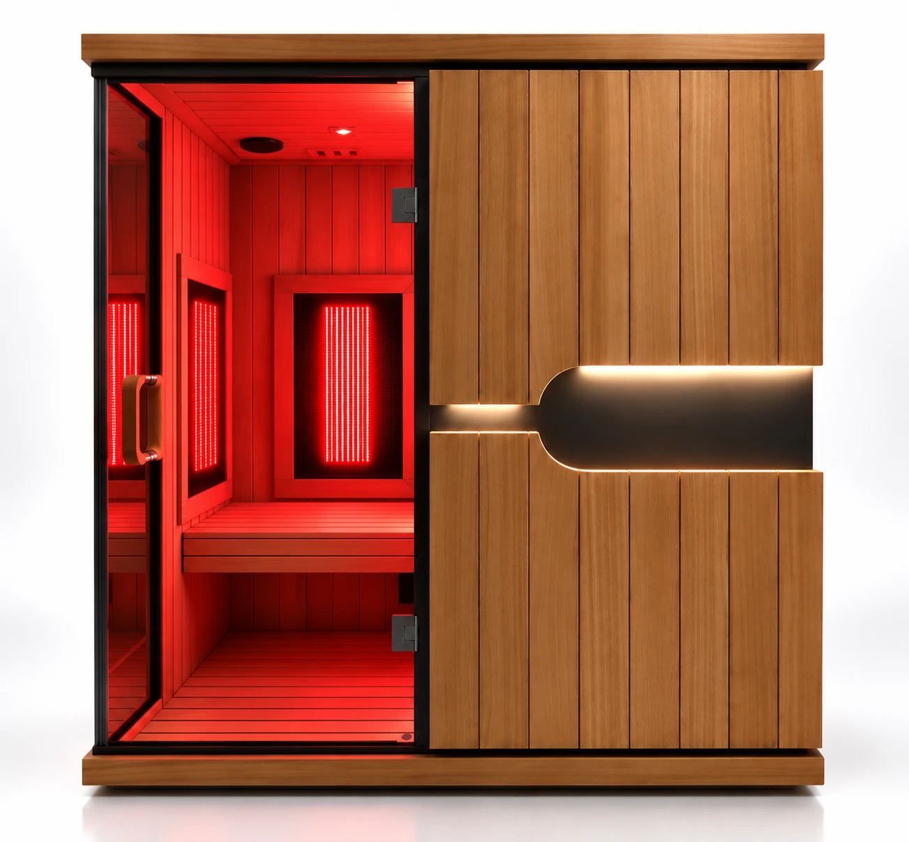 Our Sunlighten mPulse infrared sauna, glowing red inside